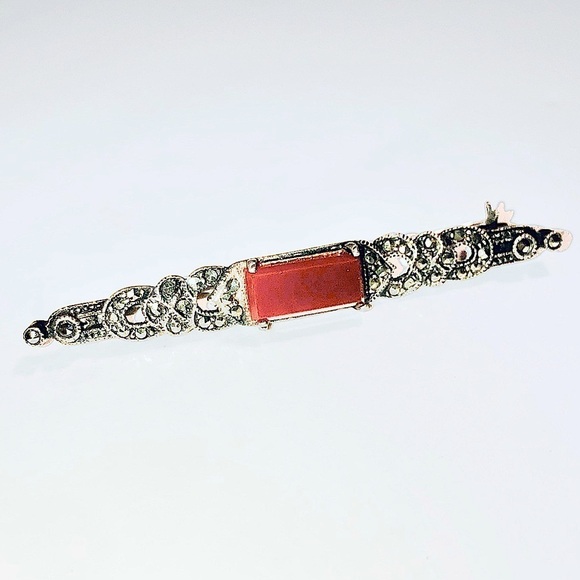 VTG Art Deco Sterling Carnelian & Marcasite Brooch Pin 2.5” - Picture 1 of 6